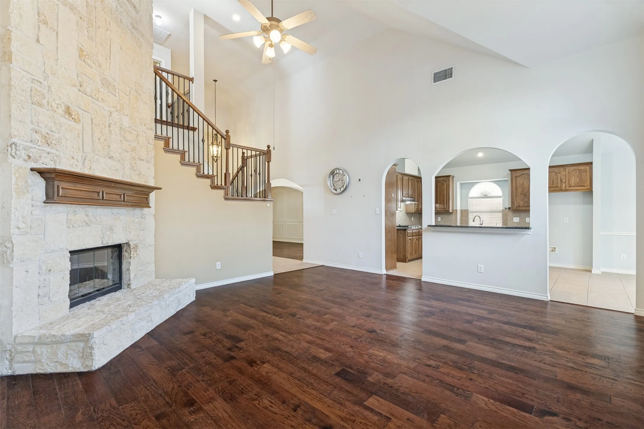 Family room fireplace and kitchen bar