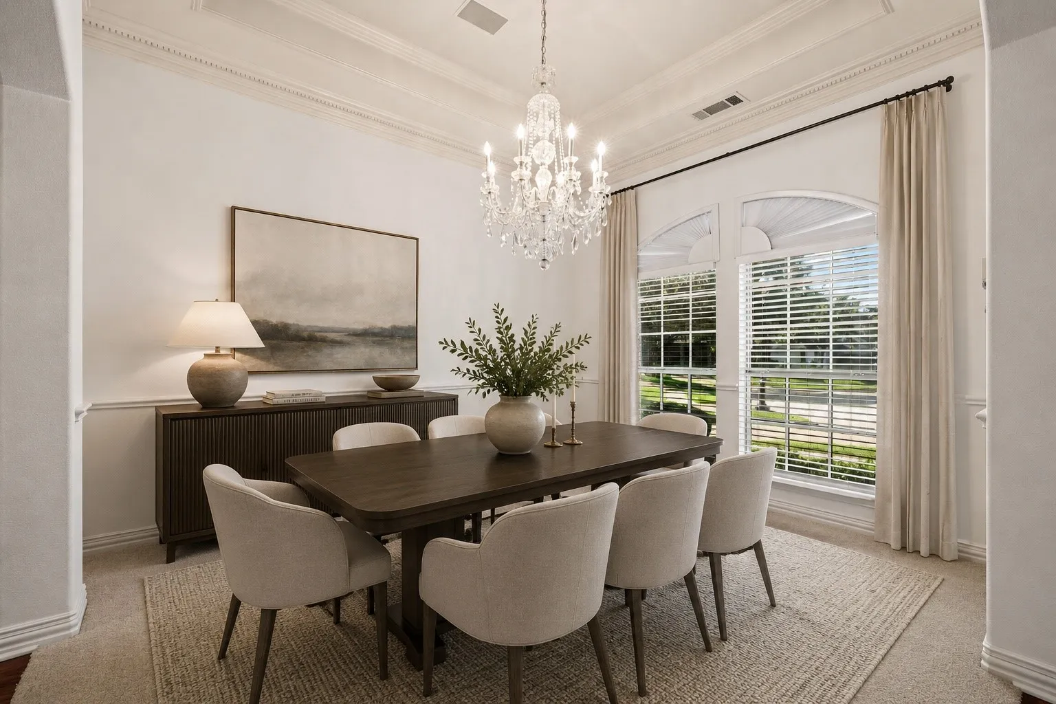 Formal dining space featuring a coffered ceiling with crown molding, a crystal chandelier, and arched windows
