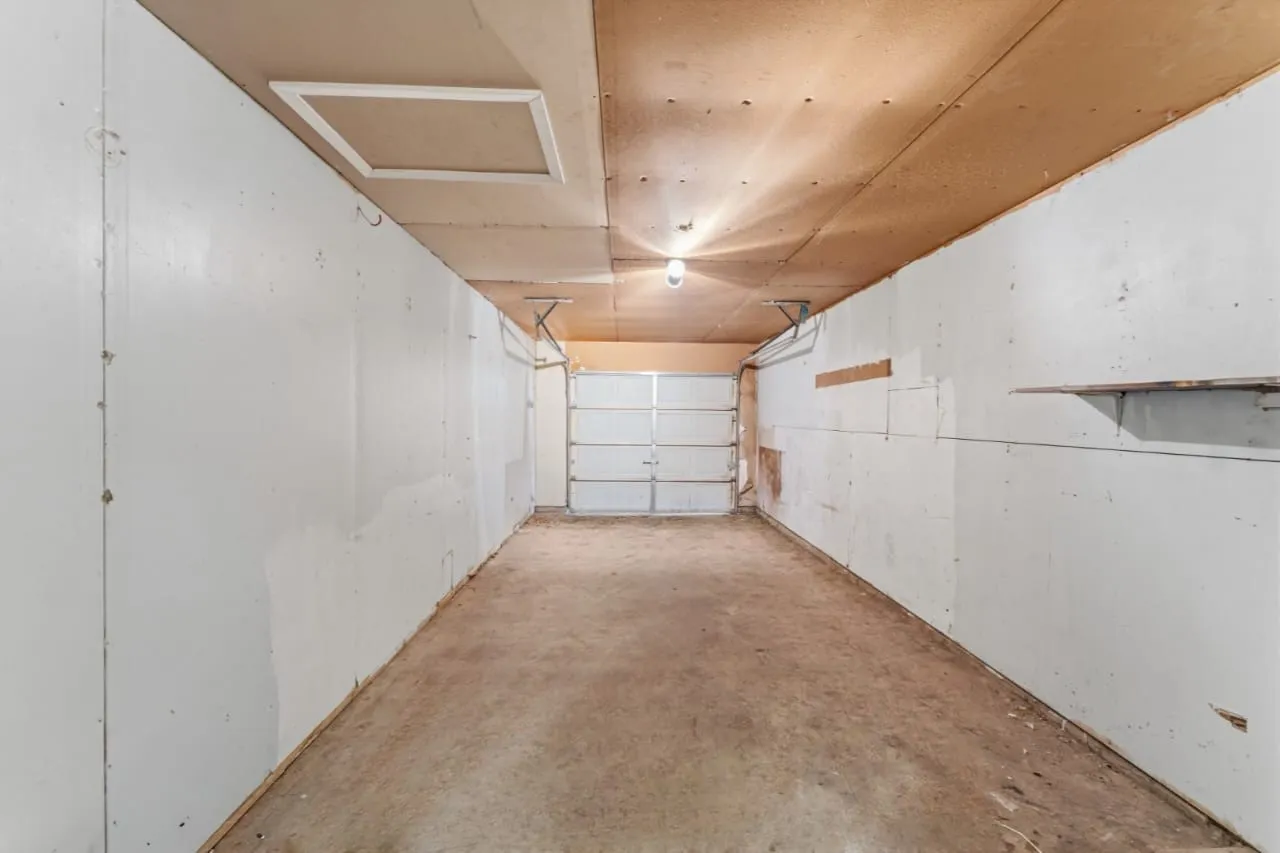 Garage interior featuring a sectional overhead door, concrete flooring, overhead lighting, and an access panel