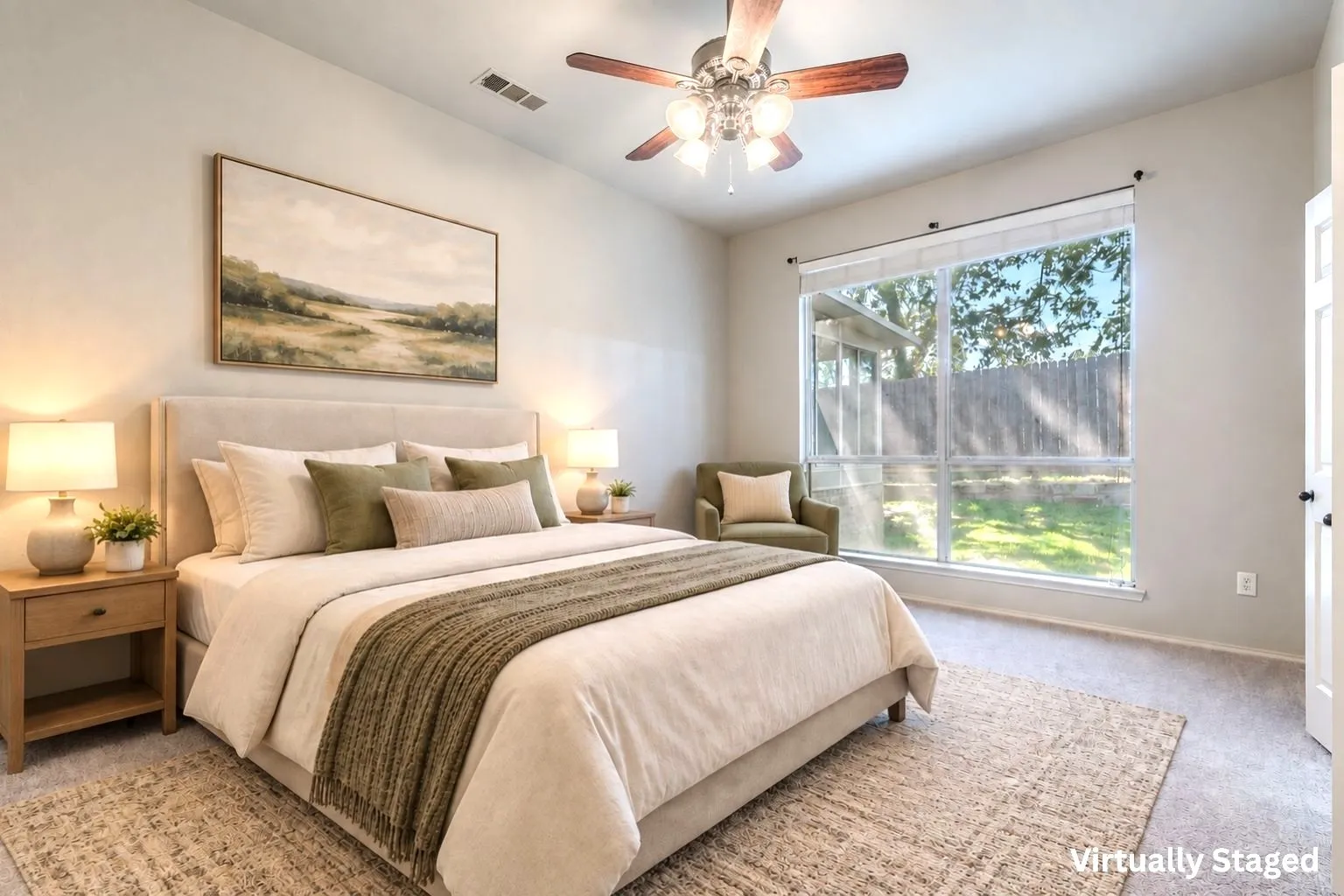 The large primary suite is separated from the secondary bedrooms and features a bright picture window and two walk-in closets. Virtually staged.