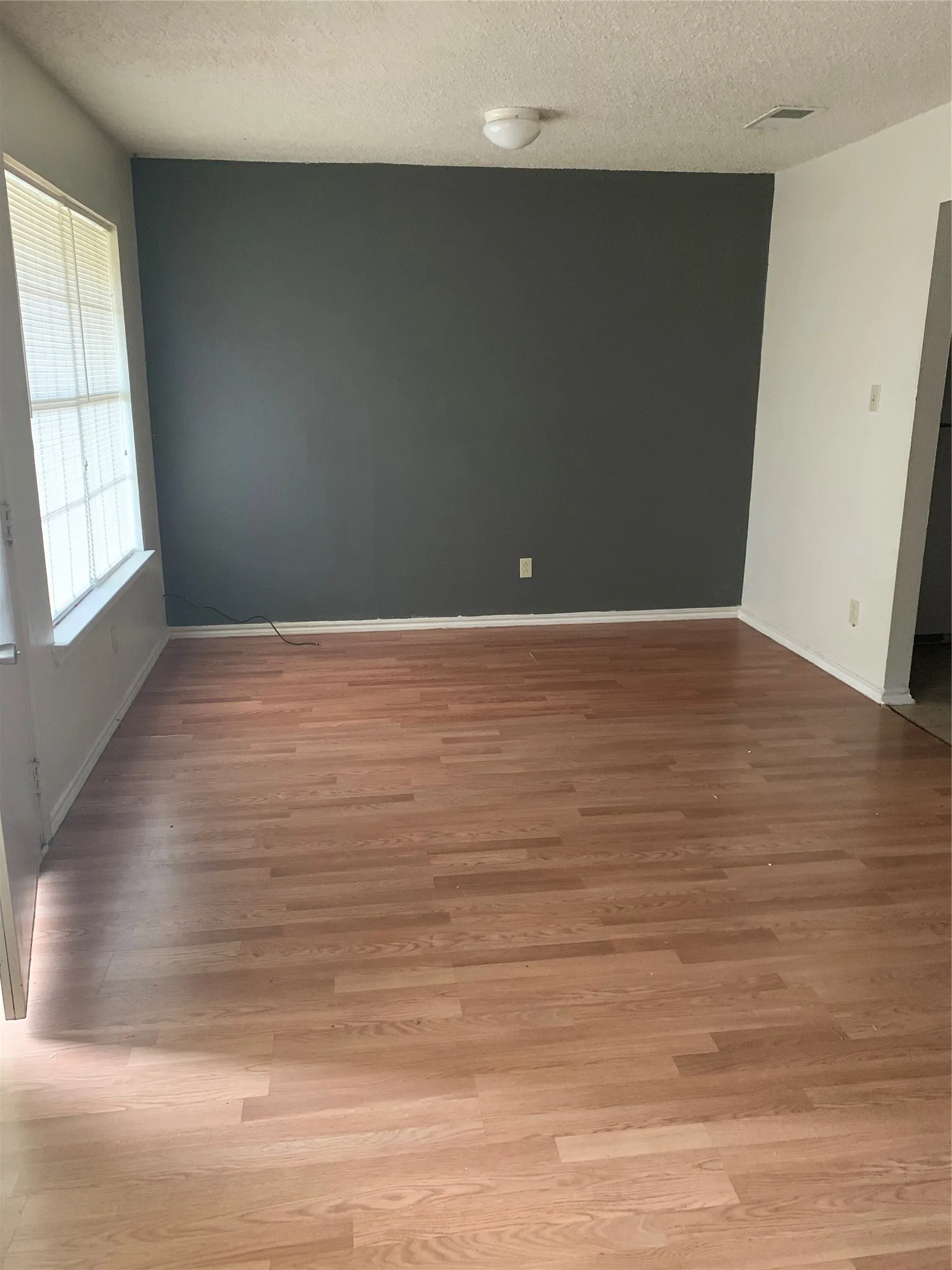 Spacious room featuring wood-finish flooring, a prominent accent wall, and a window with blinds