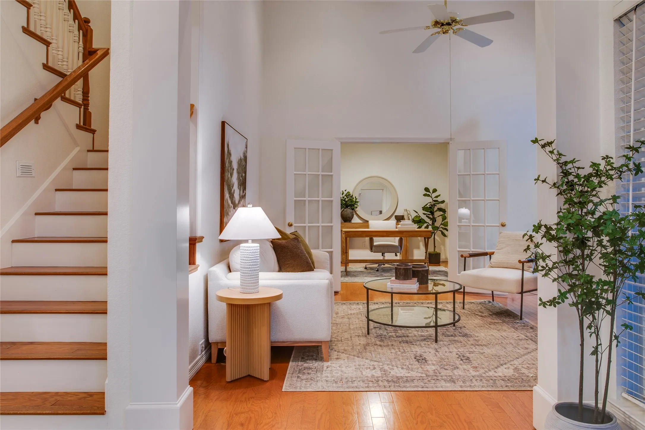 The study is beyond the living room.