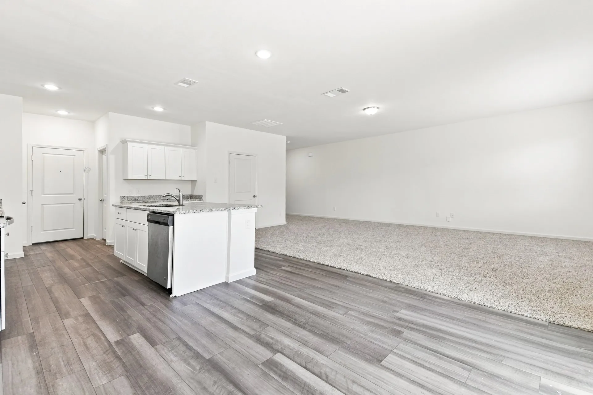 Open-concept living space featuring wood-finish flooring, white cabinetry, a kitchen island with a built-in sink and dishwasher, recessed lighting, and light-colored carpeting