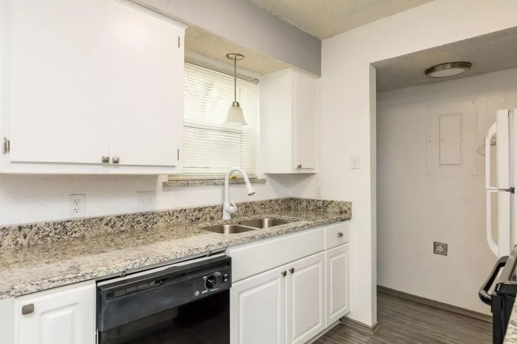 Kitchen featuring white cabinetry, granite-style countertops, a stainless steel double-basin sink with a gooseneck faucet, and a black dishwasher