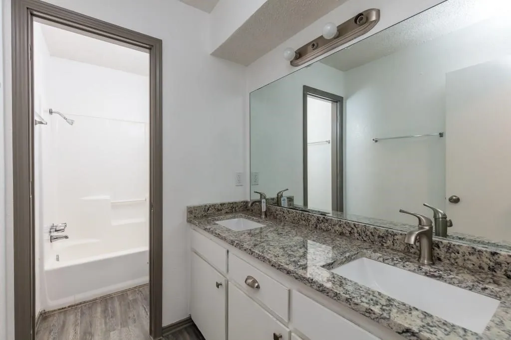 Bathroom vanity featuring a dual sink, granite-style countertop, and wood-finish flooring