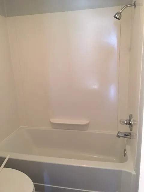 White bathtub and shower combination featuring a wall-mounted showerhead, chrome fixtures, and integrated soap dish