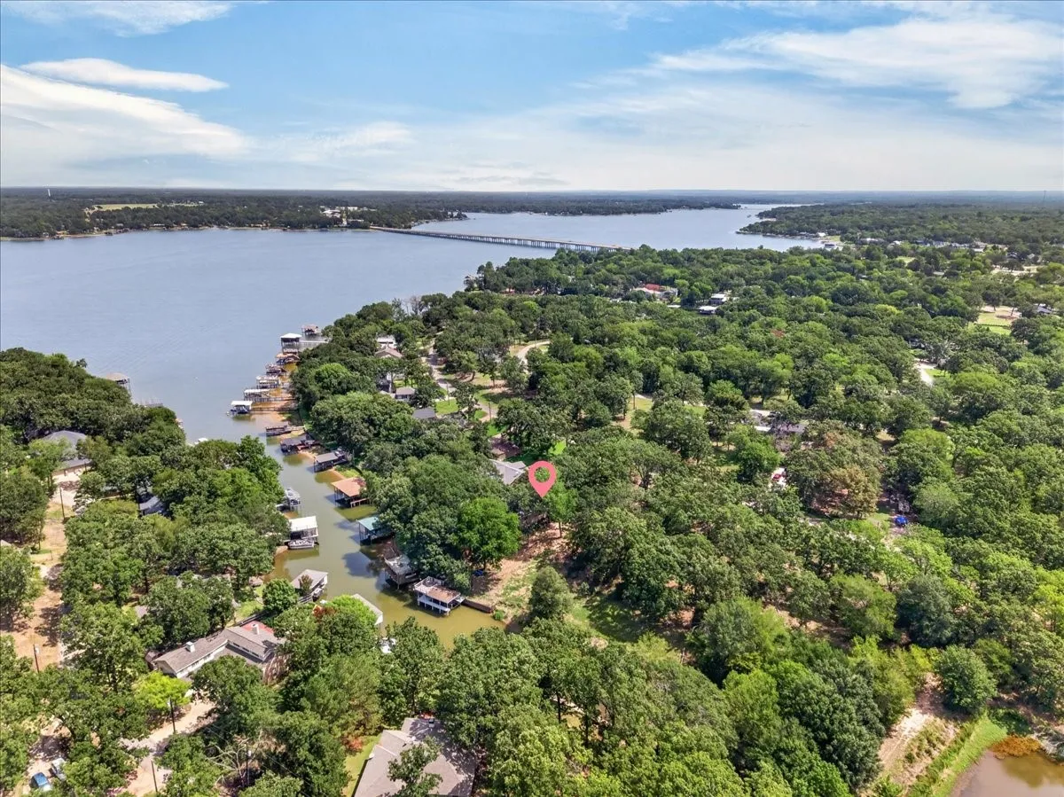 Aerial perspective showcasing a large body of water, extensive tree cover, a bridge structure, and properties with private boat docks