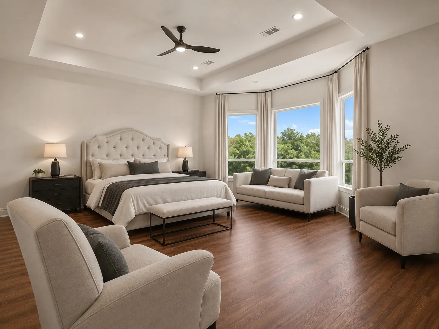 Tray ceiling with recessed lighting and a ceiling fan