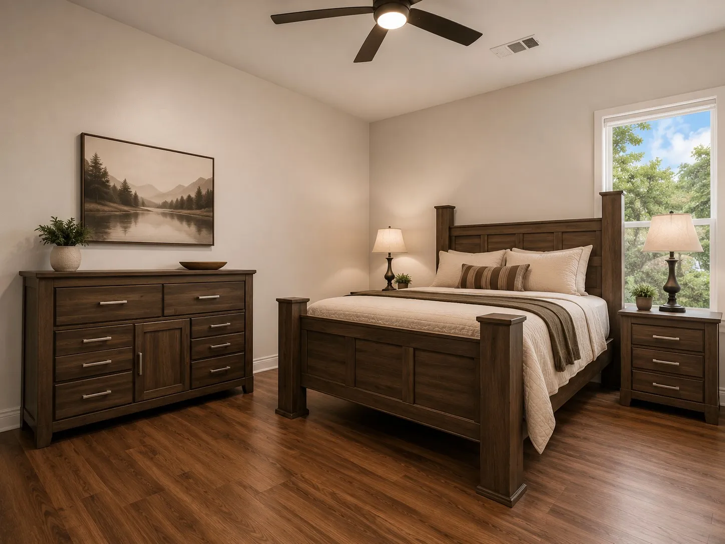 Wood-finish flooring, ceiling fan with integrated lighting, and a single window with a white frame