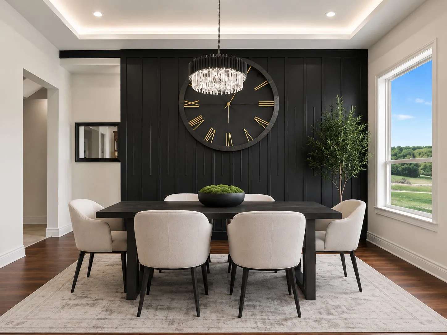 Recessed lighting, tray ceiling, dark wood panel accent wall, wood-finish flooring, and a large window