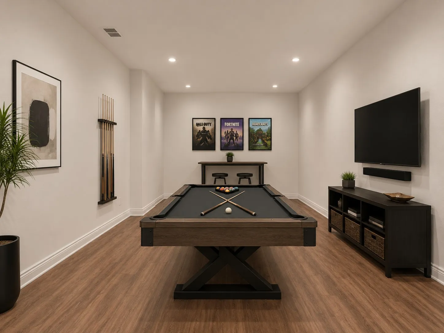 Spacious room featuring wood-finish flooring, recessed lighting, a pool table with a dark felt surface, and a wall-mounted television