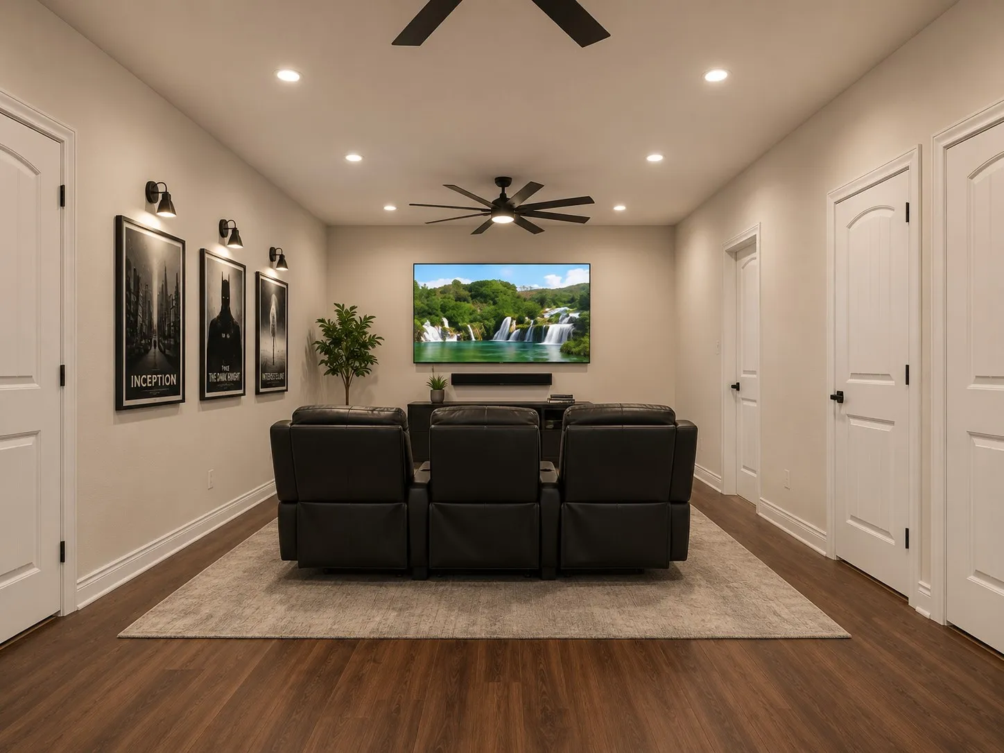 Dedicated media room featuring wood-finish flooring and recessed lighting