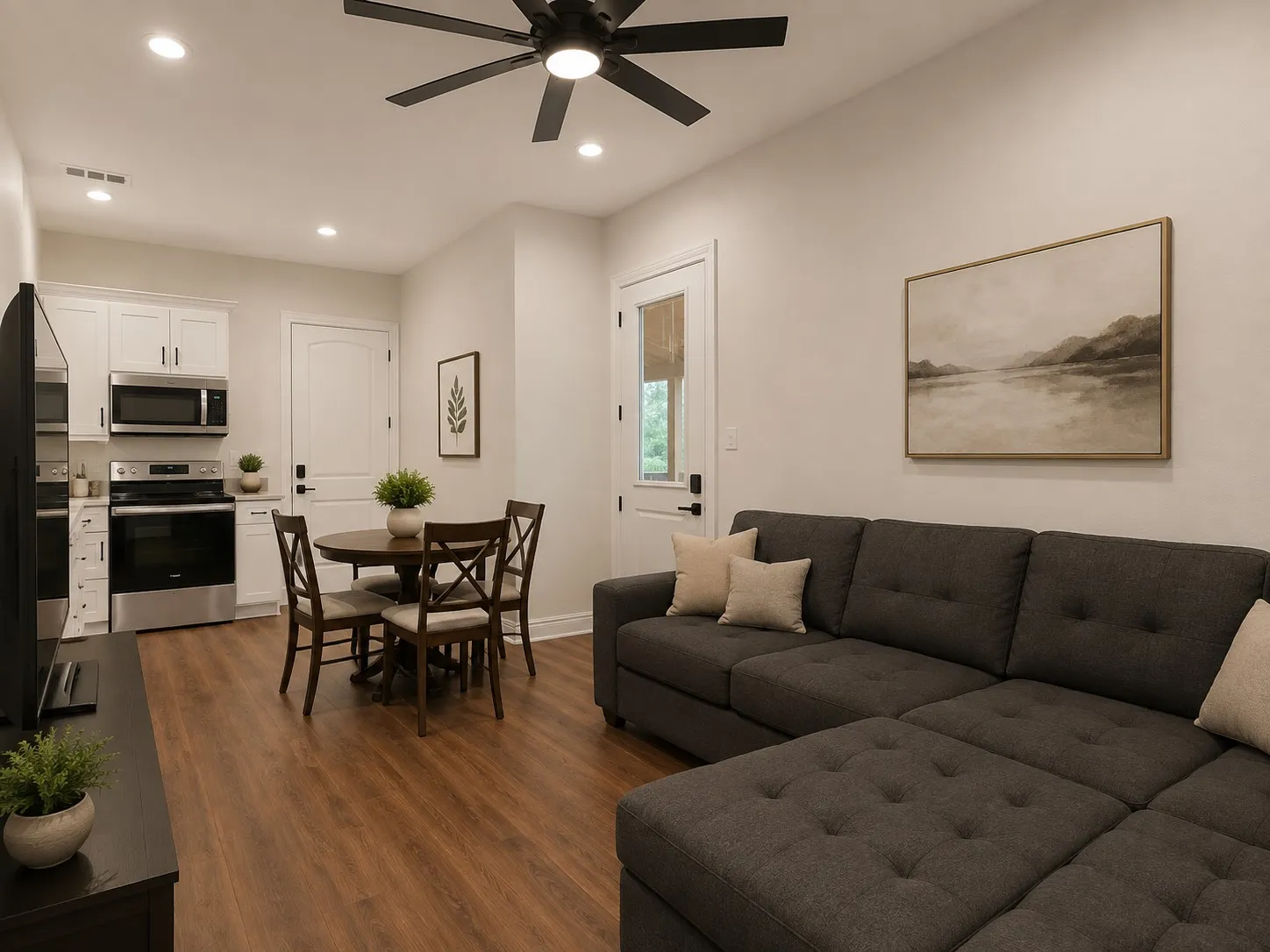 Open-concept living area featuring wood-finish flooring, recessed lighting, and a ceiling fan