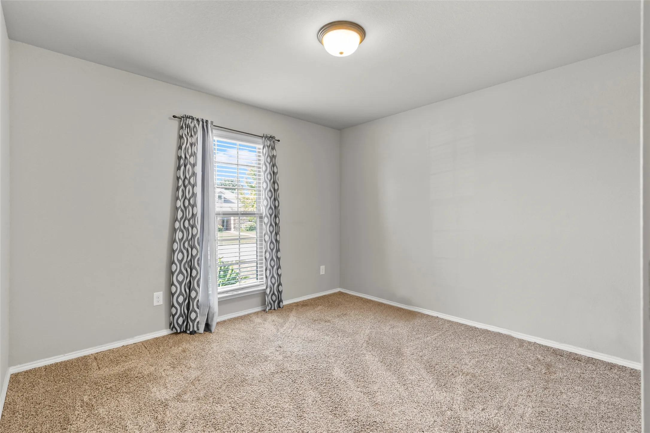 Carpeted room with neutral gray walls and white trim
