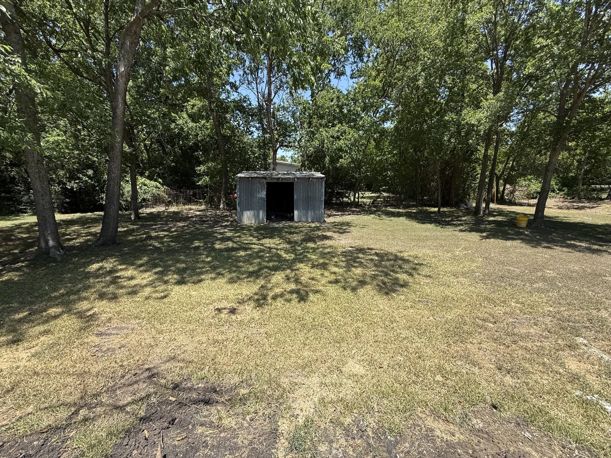 Expansive yard featuring a metal storage shed, mature trees, and natural landscaping
