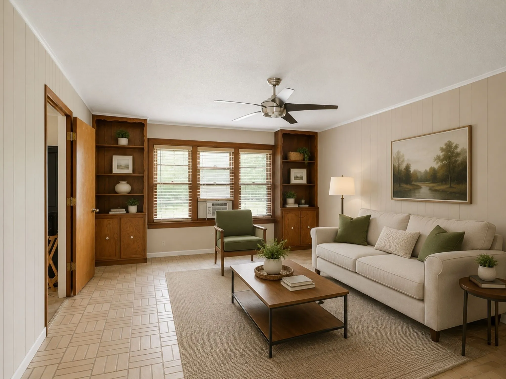 A fresh coat of paint, updated furnishings, and a few modern touches completely change the feel of the room—proof that cosmetic updates can make a dramatic impact.
