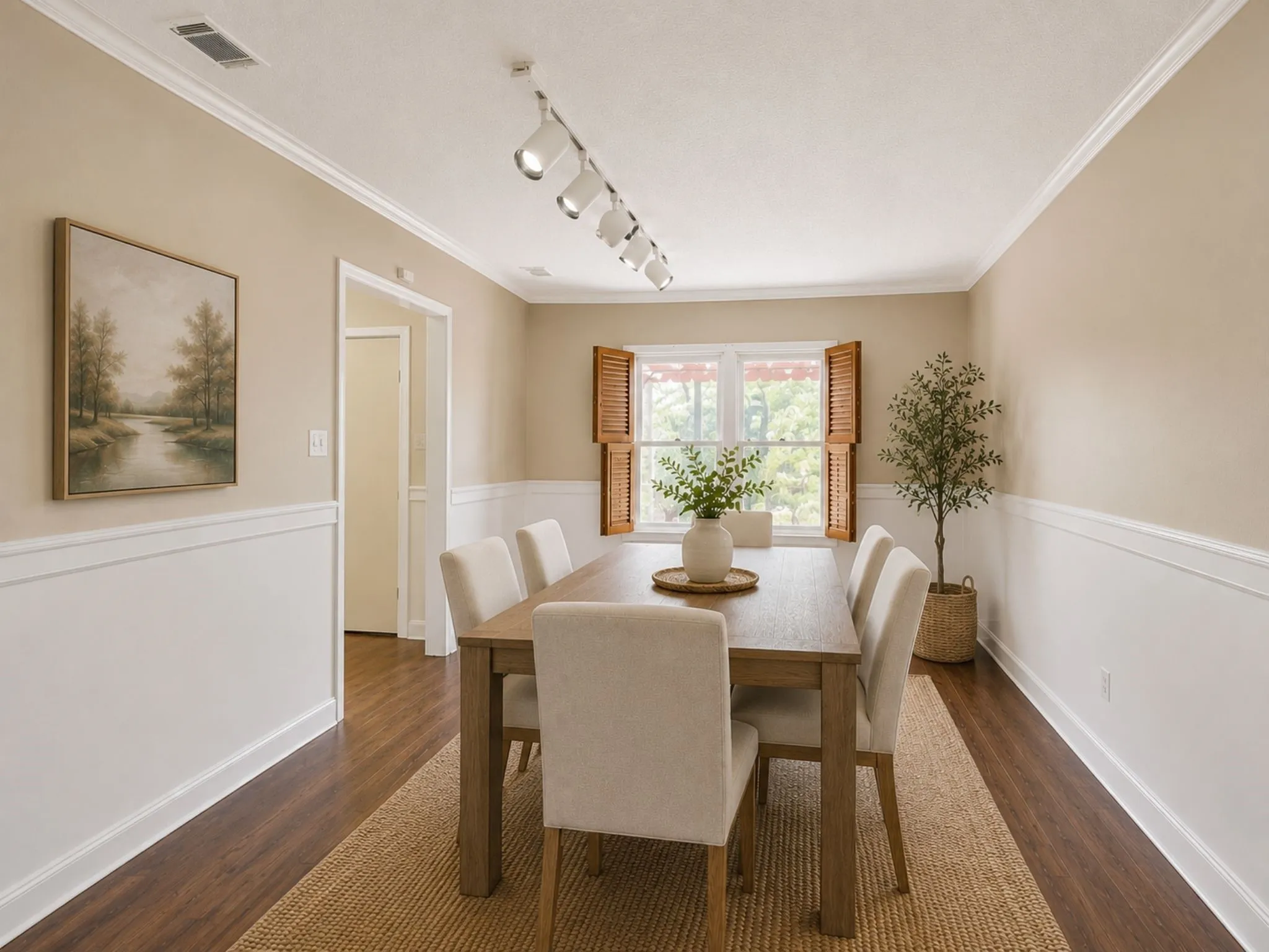 With nothing more than fresh paint and updated furnishings, this dining room transforms into a warm, inviting space ready for holidays, dinner parties, and everyday memories.