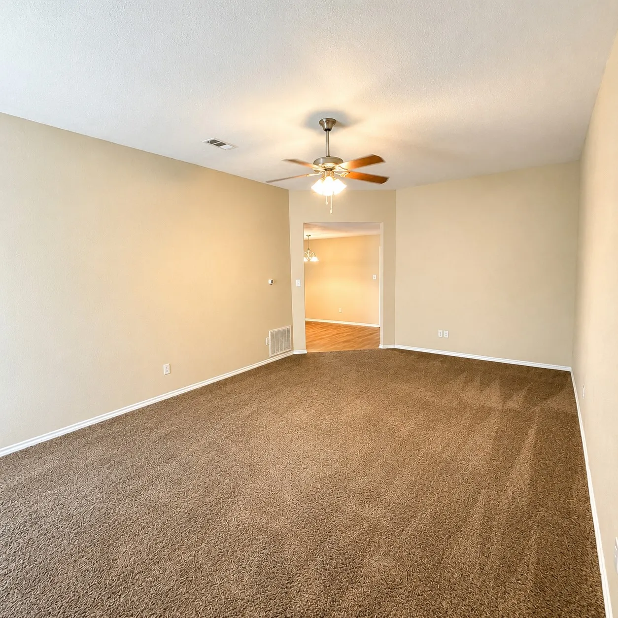 Spacious room featuring neutral-toned walls, plush brown carpeting, and white baseboards