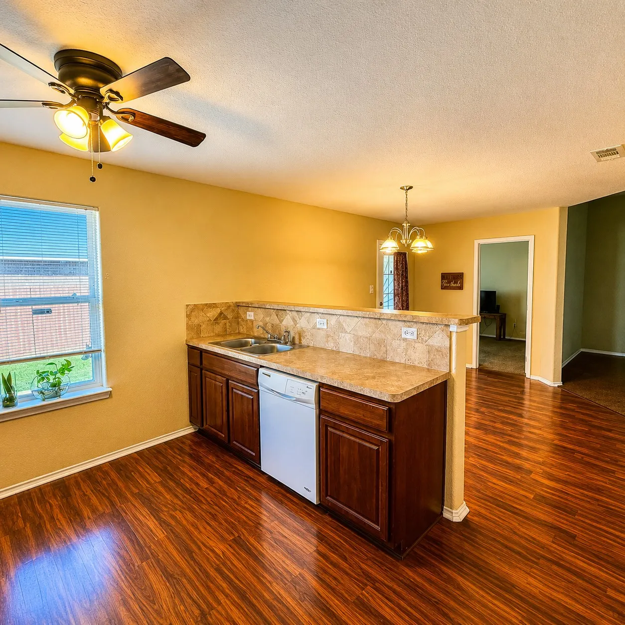 Kitchen featuring wood-finish flooring, dark wood cabinetry, a double basin stainless steel sink, and a tiled countertop with an integrated backsplash