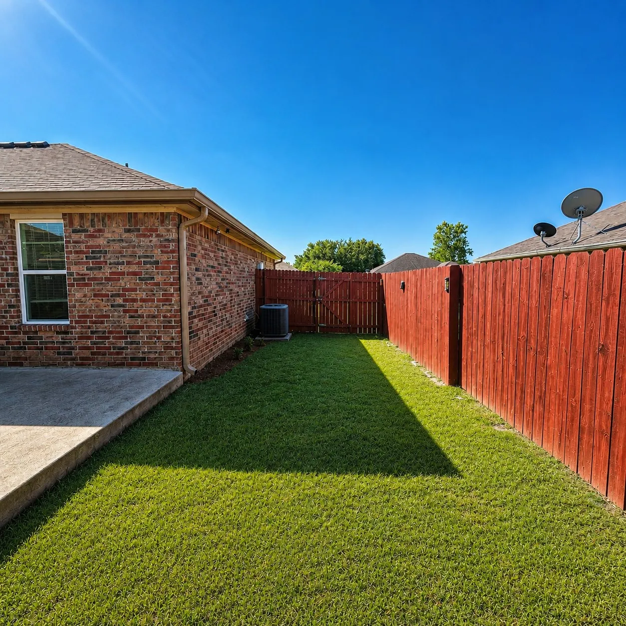 Expansive grassy yard with a concrete patio pad, bordered by a red wood fence