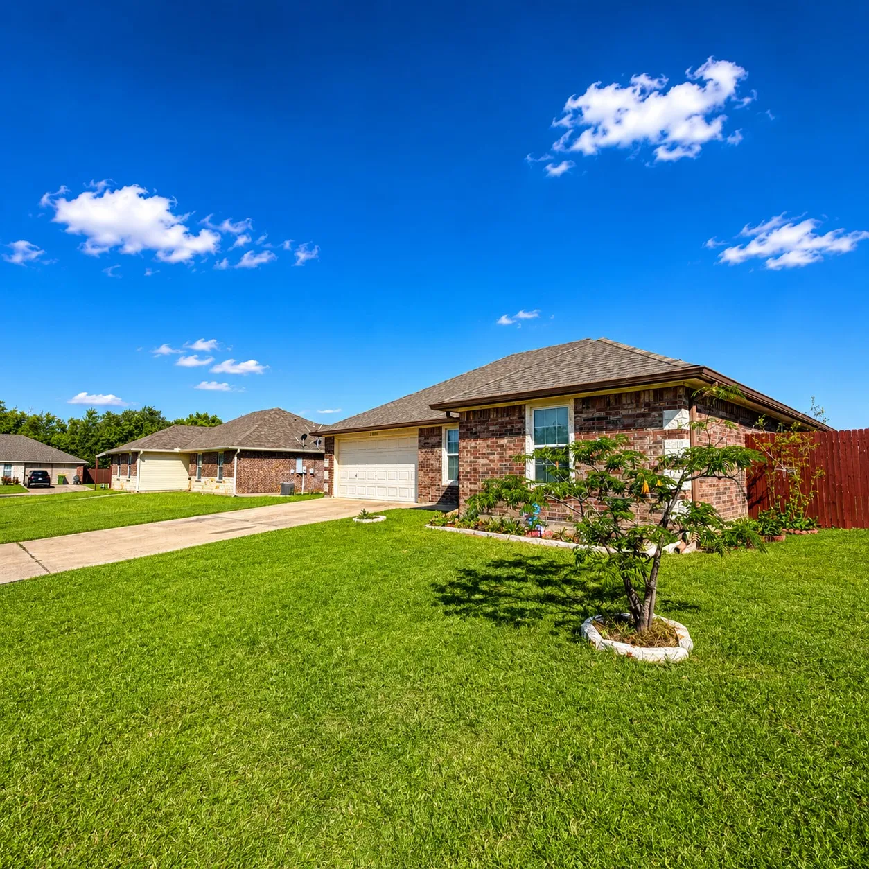 Brick exterior with a brown shingle roof, featuring a white garage door, concrete driveway, and a front yard with a small tree and established landscaping
