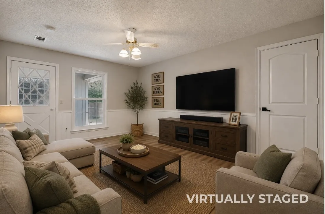 Light wood-finish flooring, white paneled wainscoting, and a ceiling fan with 1/2 bath and door leading to backyard.