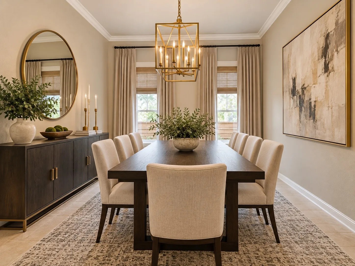Spacious dining area featuring a prominent crown molding, and large windows -virtually staged