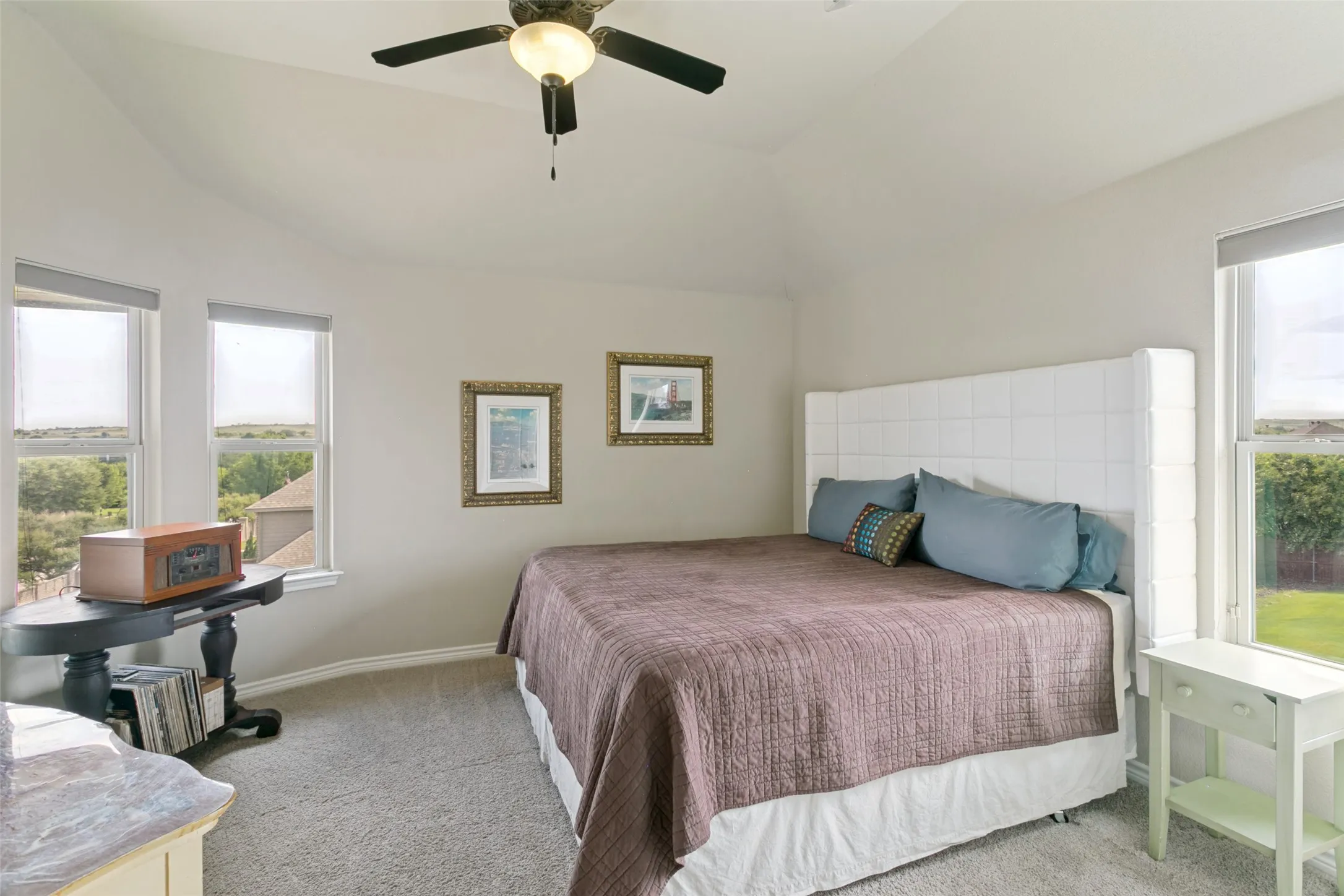 Fourth Bedroom features an attached ceiling fan, multiple windows with roller shades, and plush carpeting