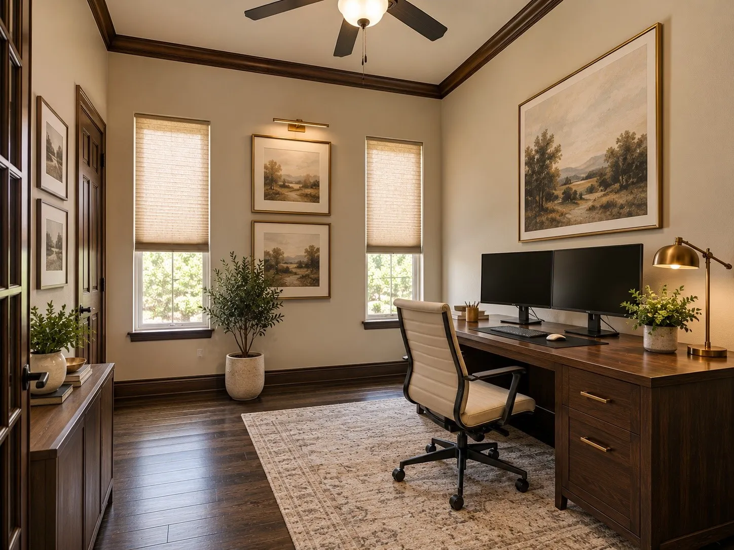 Hardwood-finish flooring, crown molding, two windows with blinds, built-in ceiling fan with light, virtually staged