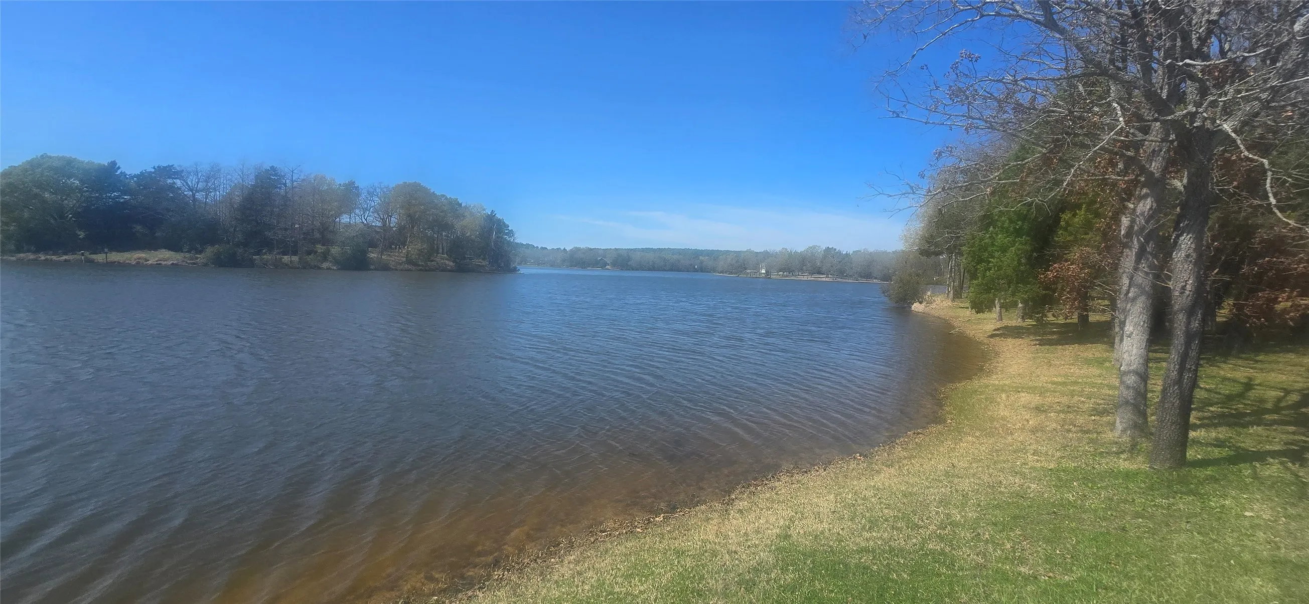 Waterfront property featuring a sandy shore, established trees, and a spacious grassy area