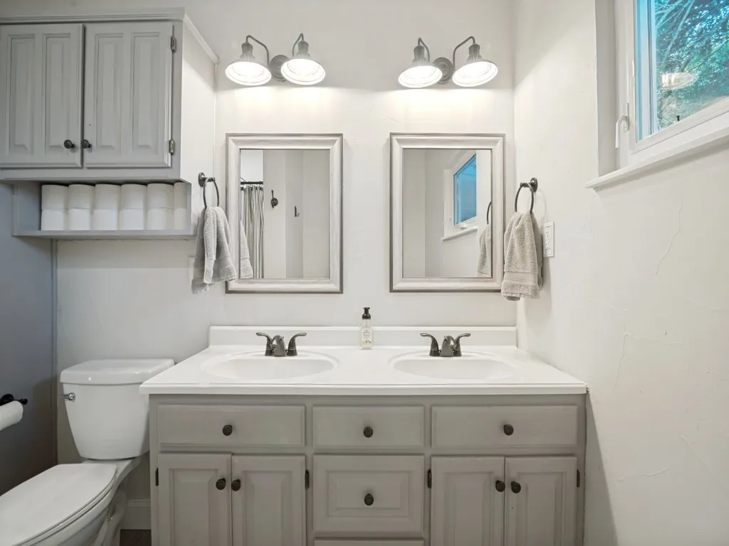 Elegance of soft grays and taupe OR do you prefer pops of color?  This bathroom is ready for your design style.