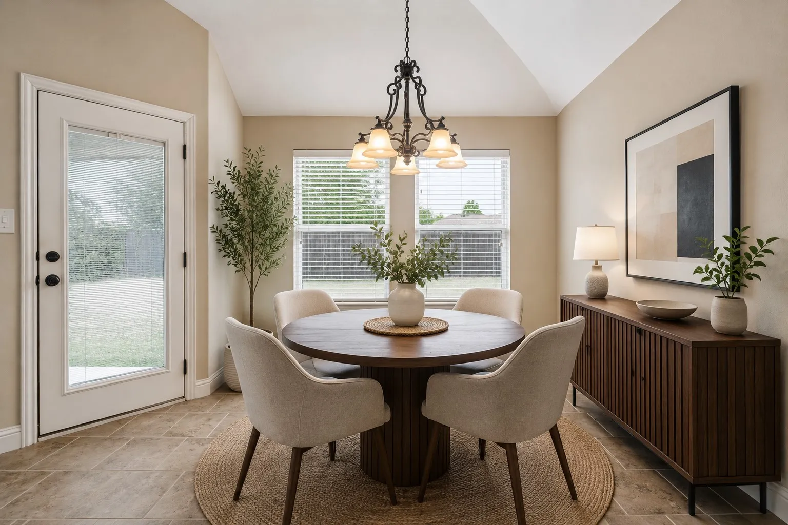 Vaulted ceiling dining area featuring tile flooring, a multi-light chandelier, a window with blinds, and a glass-paneled exterior door
