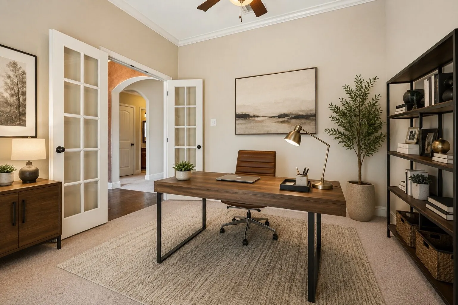 French doors with glass panes, crown molding, and a ceiling fan with light fixture