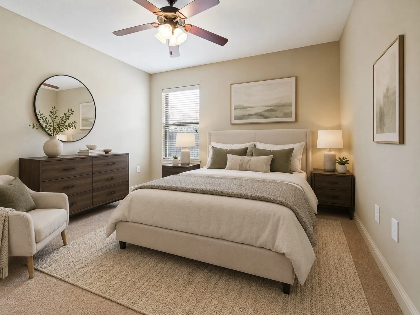 Carpeted interior space featuring a window with blinds, a ceiling fan, and light-toned walls