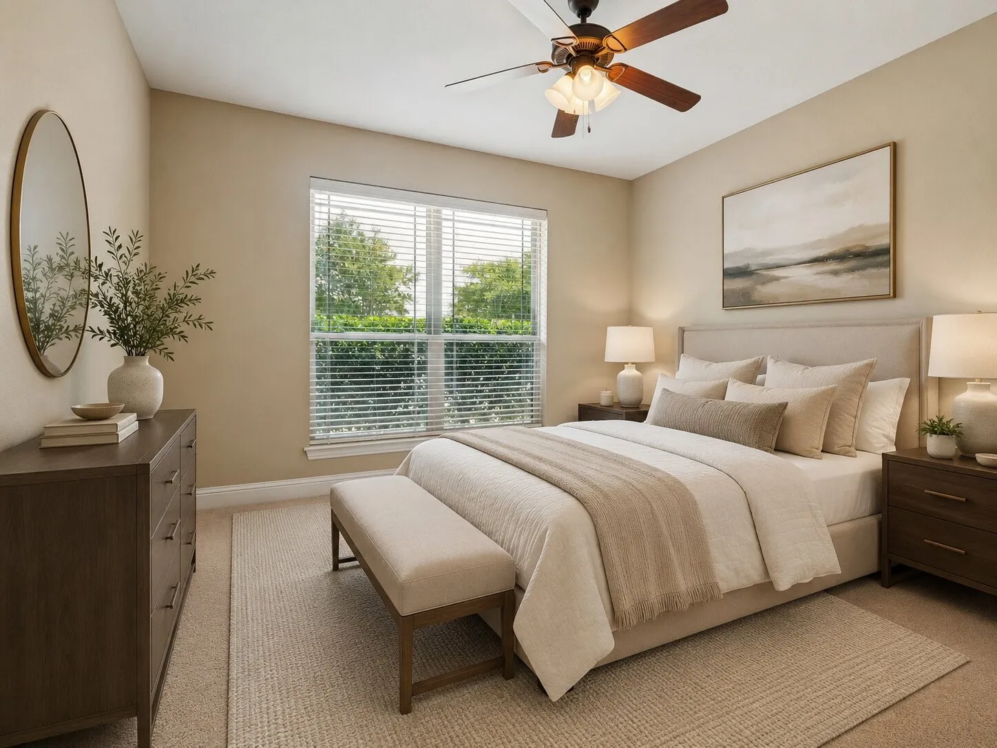 Carpeted room featuring a large window with horizontal blinds, a ceiling fan with light fixture, and a neutral-toned upholstered headboard