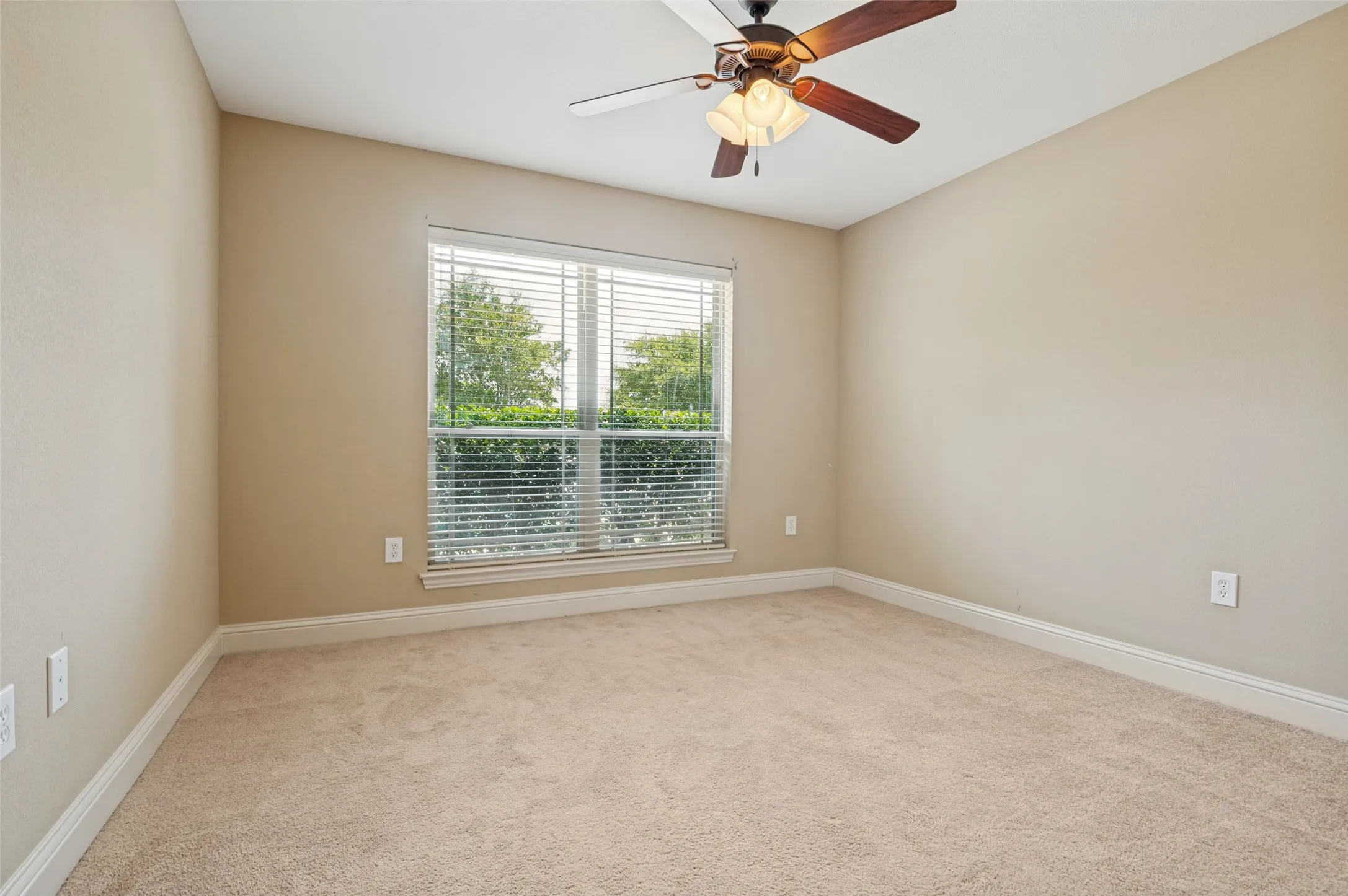 Carpeted room featuring a large window with blinds, a ceiling fan with light fixture, and neutral-toned walls