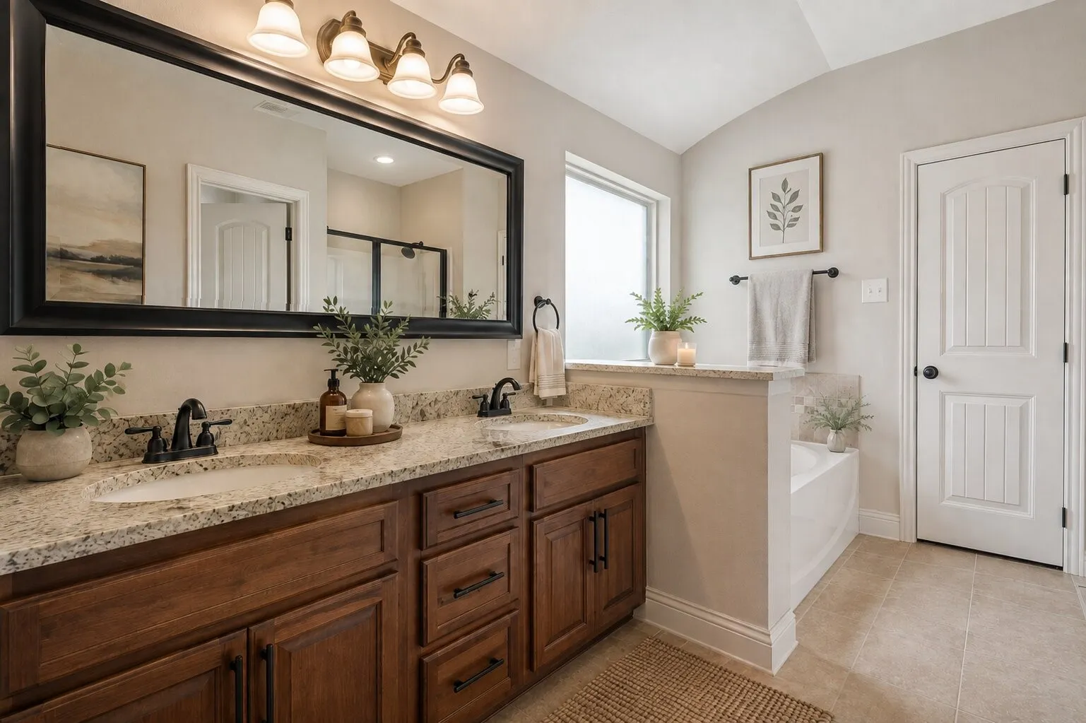 Double vanity with granite countertops and dark wood cabinetry