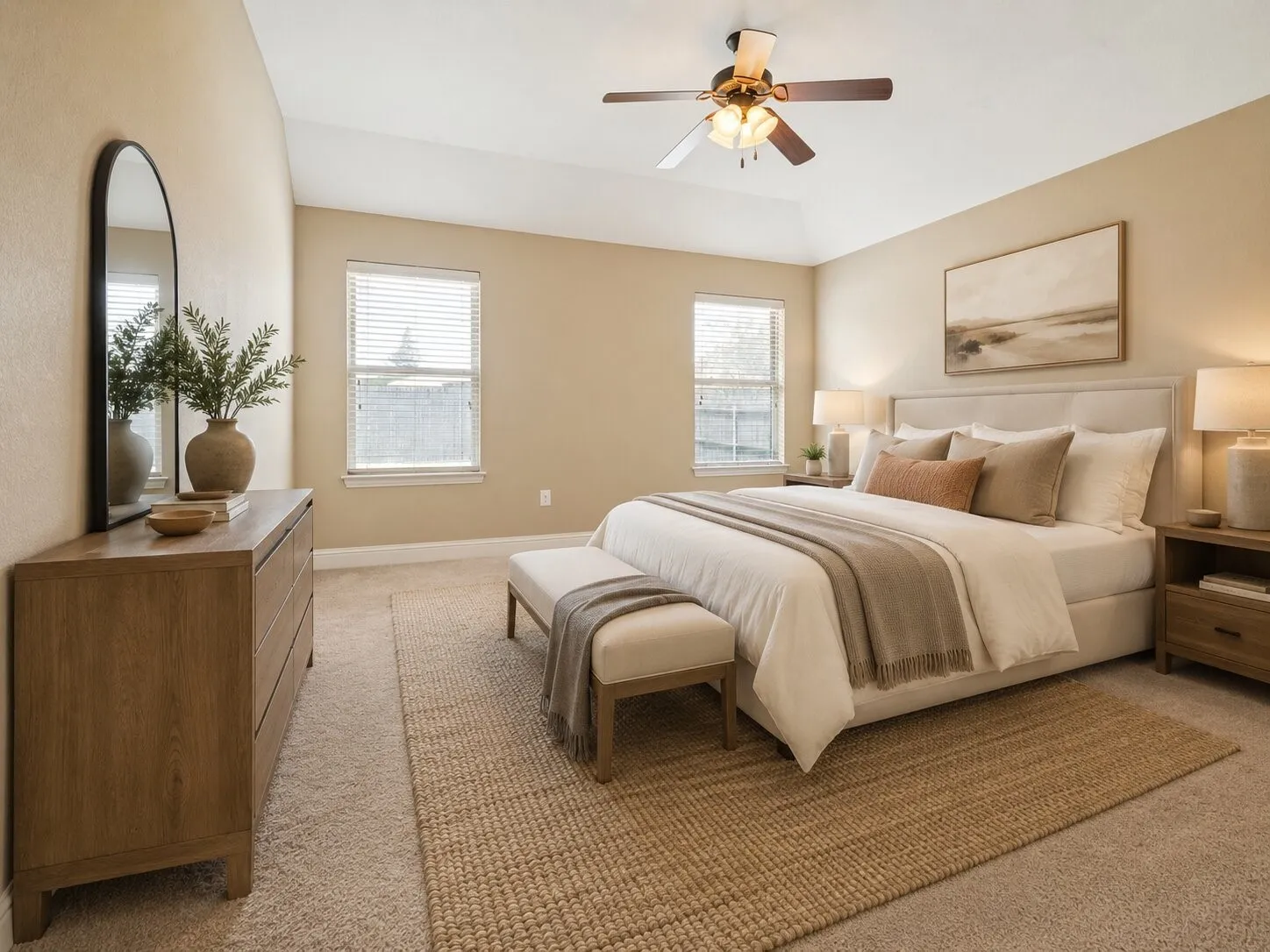 Carpeted room featuring a vaulted ceiling, a ceiling fan with integrated lighting, and two windows with blinds