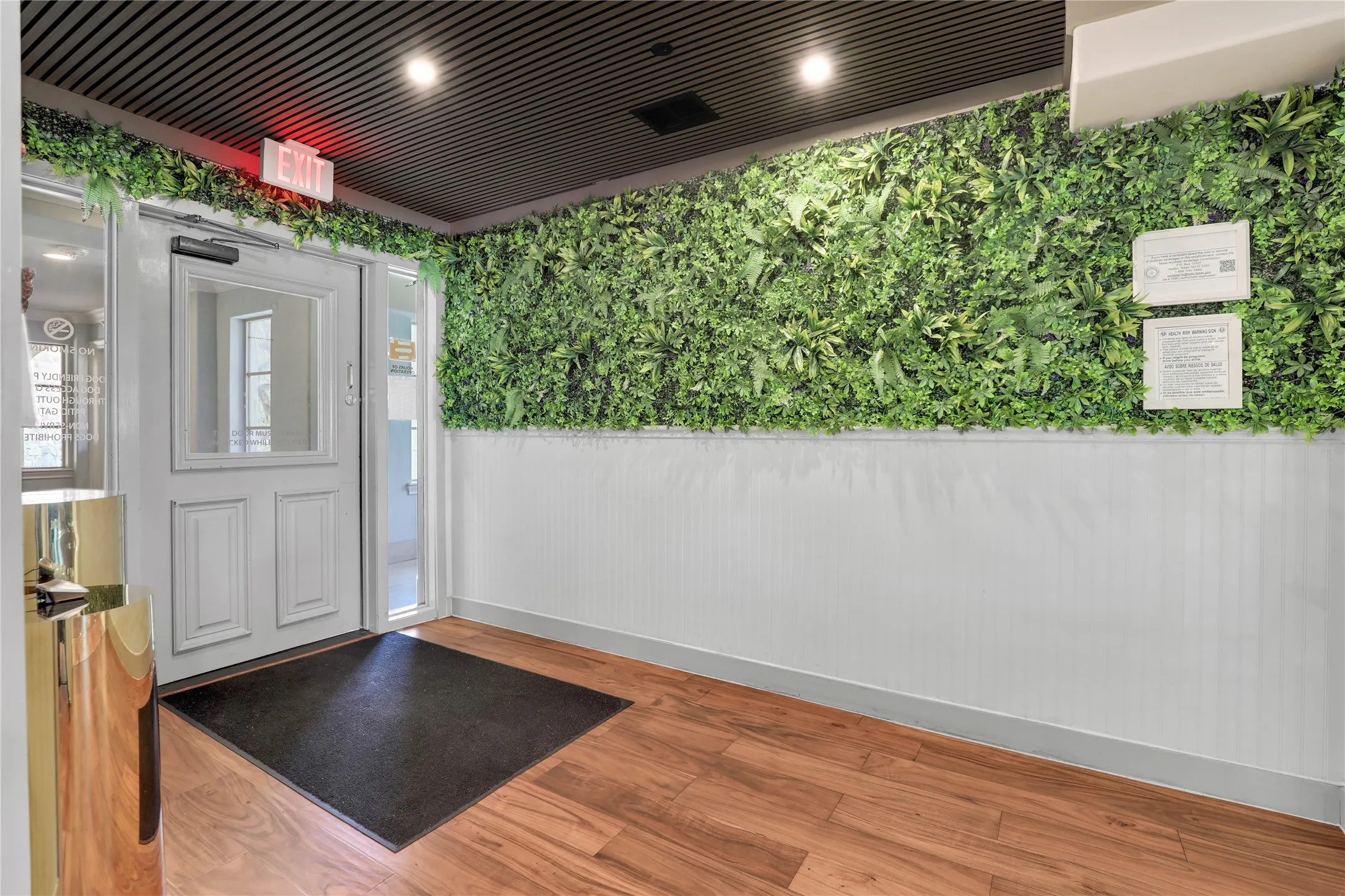 Entryway featuring a decorative green wall, white wainscoting, wood-finish flooring, and a black slatted ceiling