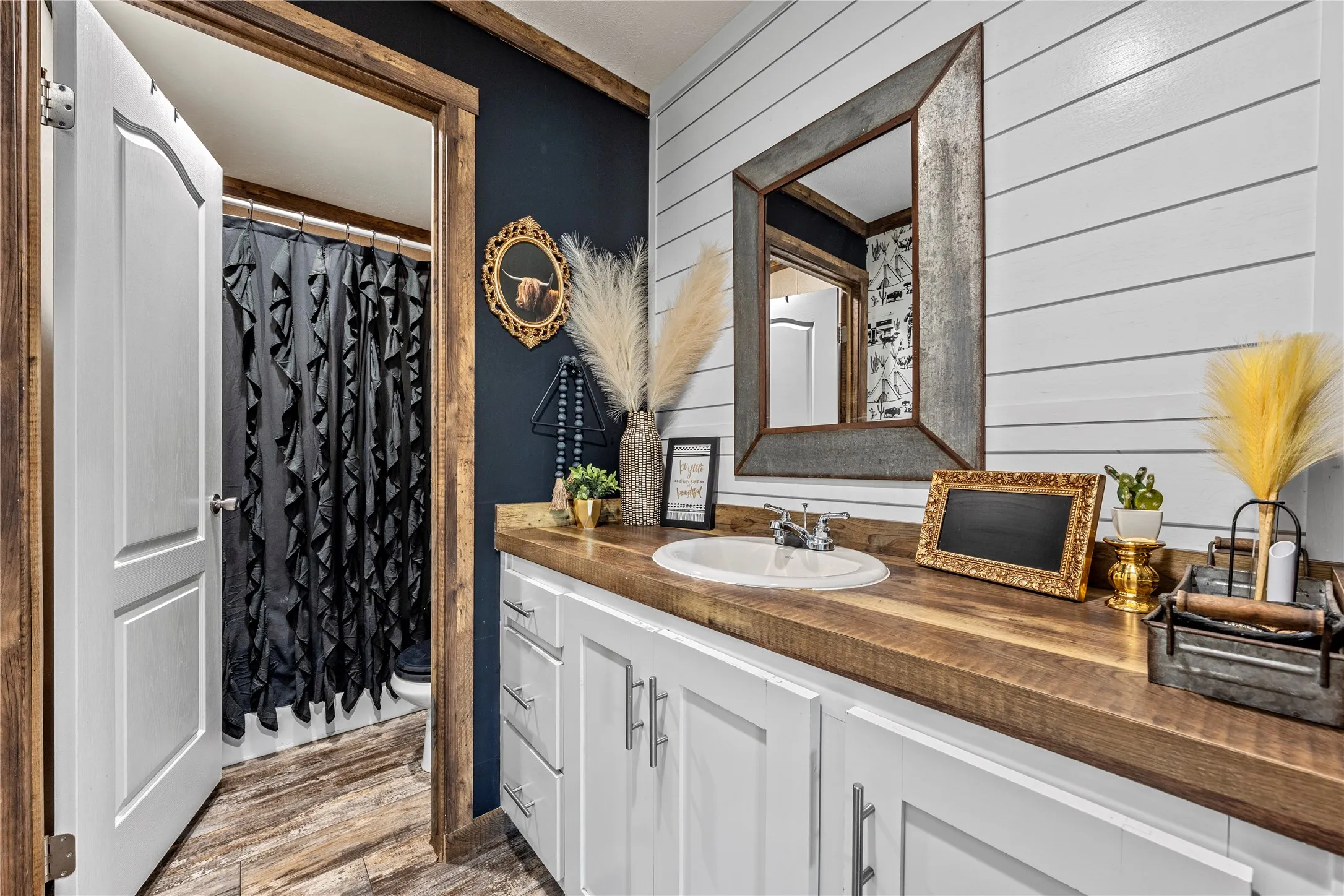 Bathroom vanity featuring a wood-finish countertop, single basin sink, and white cabinetry with brushed nickel hardware