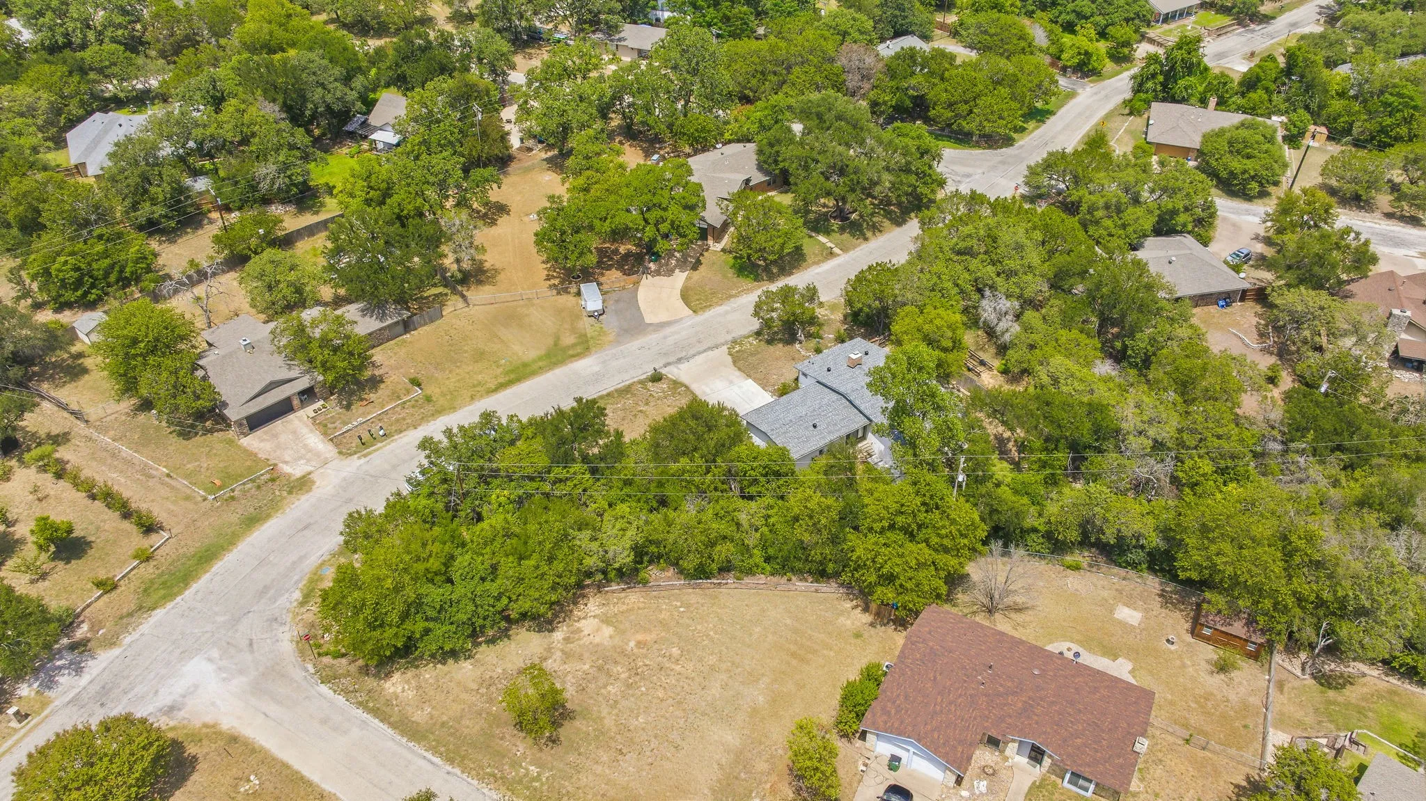 Residential neighborhood with mature trees and a curvilinear road network