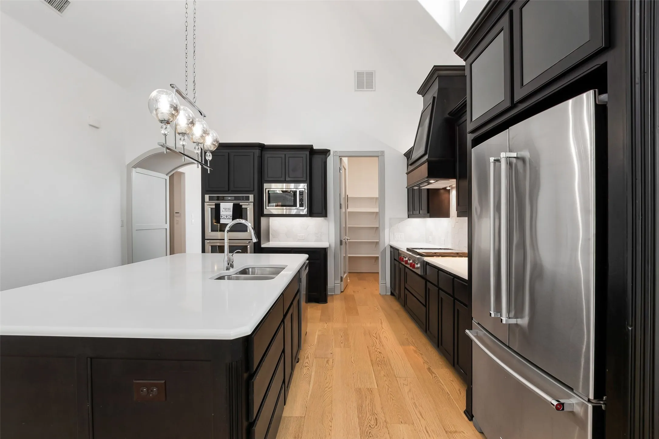 Gourmet kitchen featuring a substantial island with an undermount sink, stainless steel appliances, dark wood cabinetry,ight LVP flooring, and a large walk-in pantry