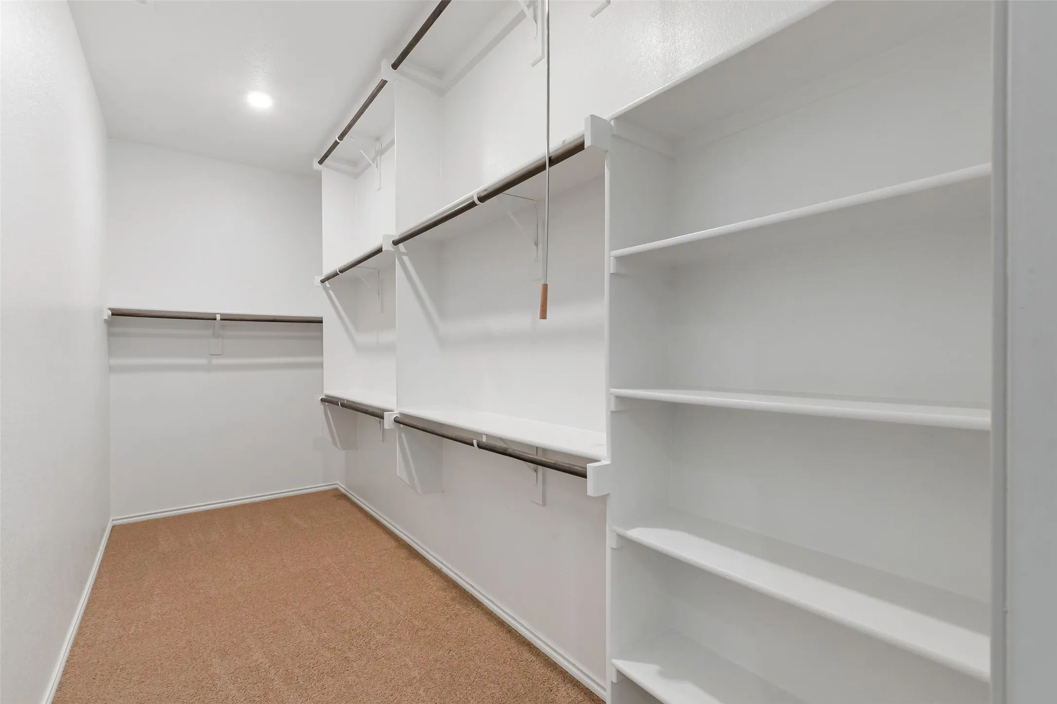 Walk-in closet featuring built-in shelving, multiple hanging rods, recessed lighting, and carpet flooring
