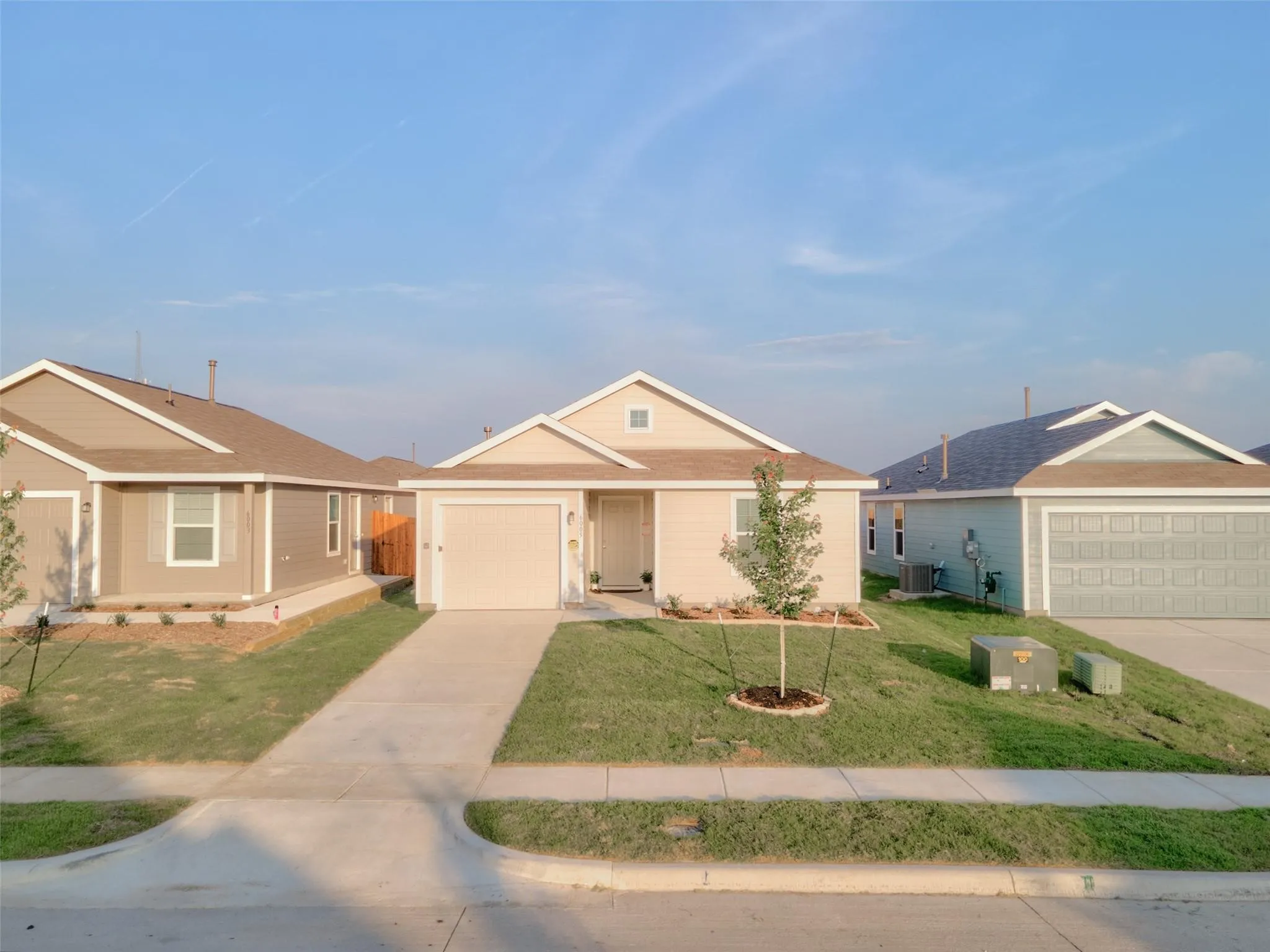 Contemporary single-story residence featuring a front-facing garage, a concrete driveway, and a manicured lawn