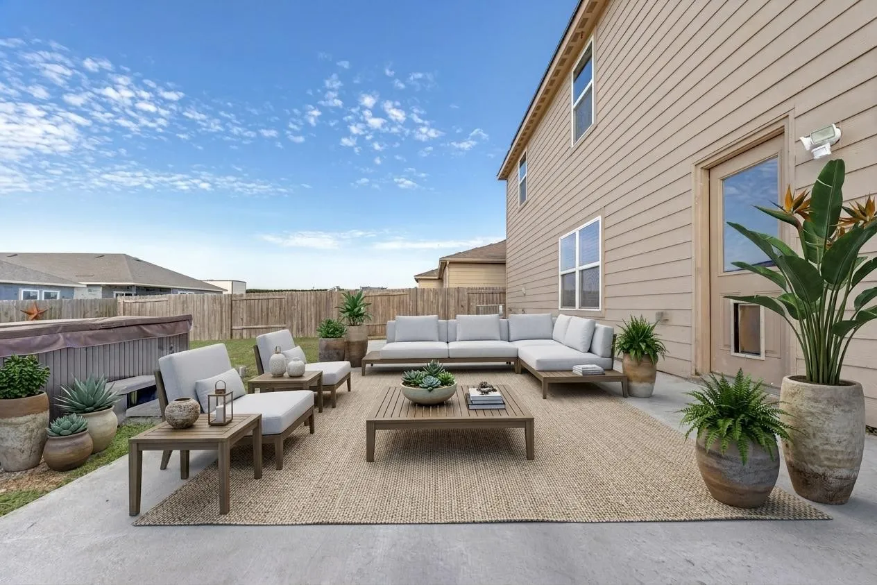 Large backyard with extended patio.