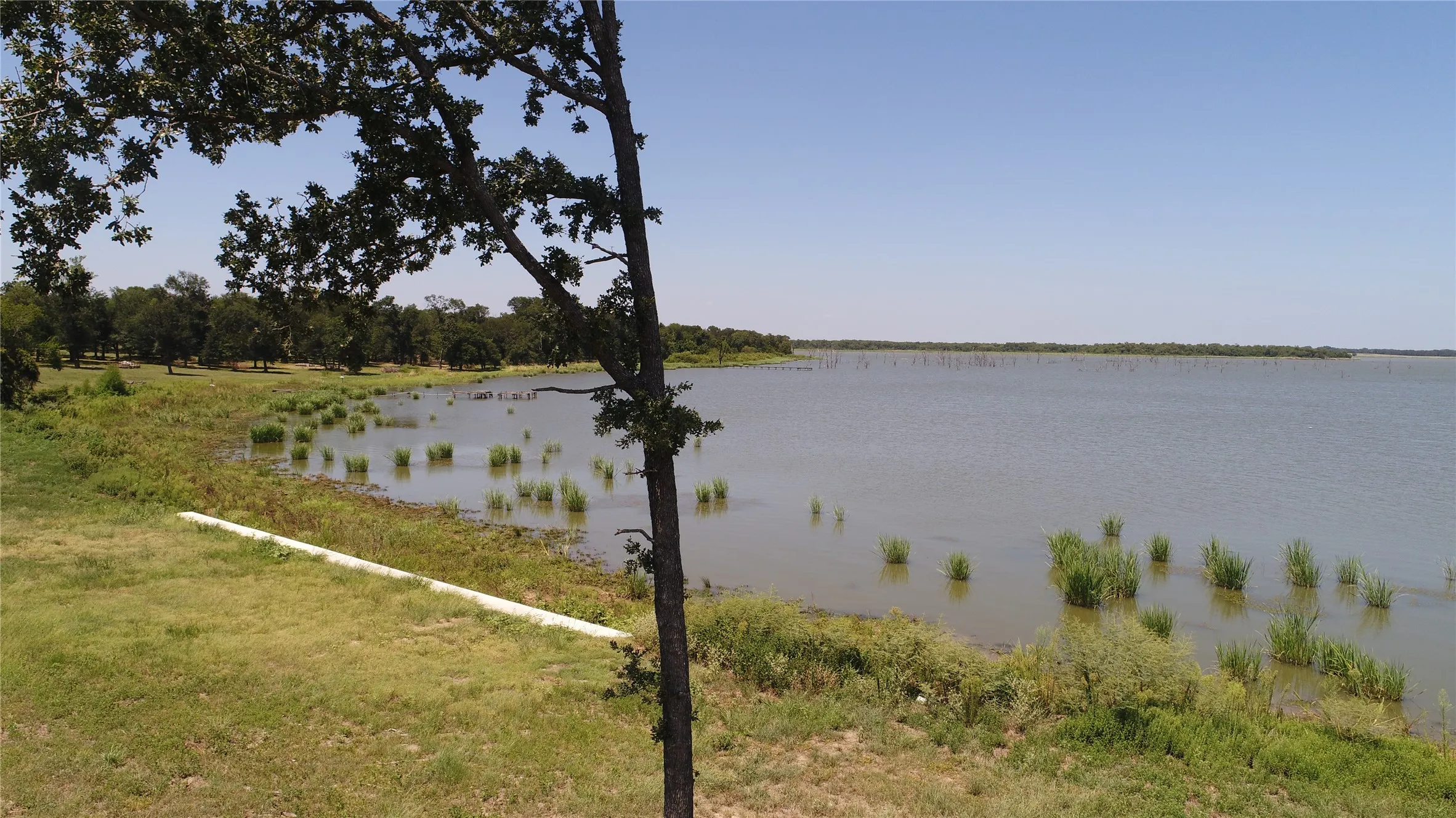 Expansive waterfront property featuring a calm lake, natural shoreline with established vegetation, mature trees, and a clear blue sky