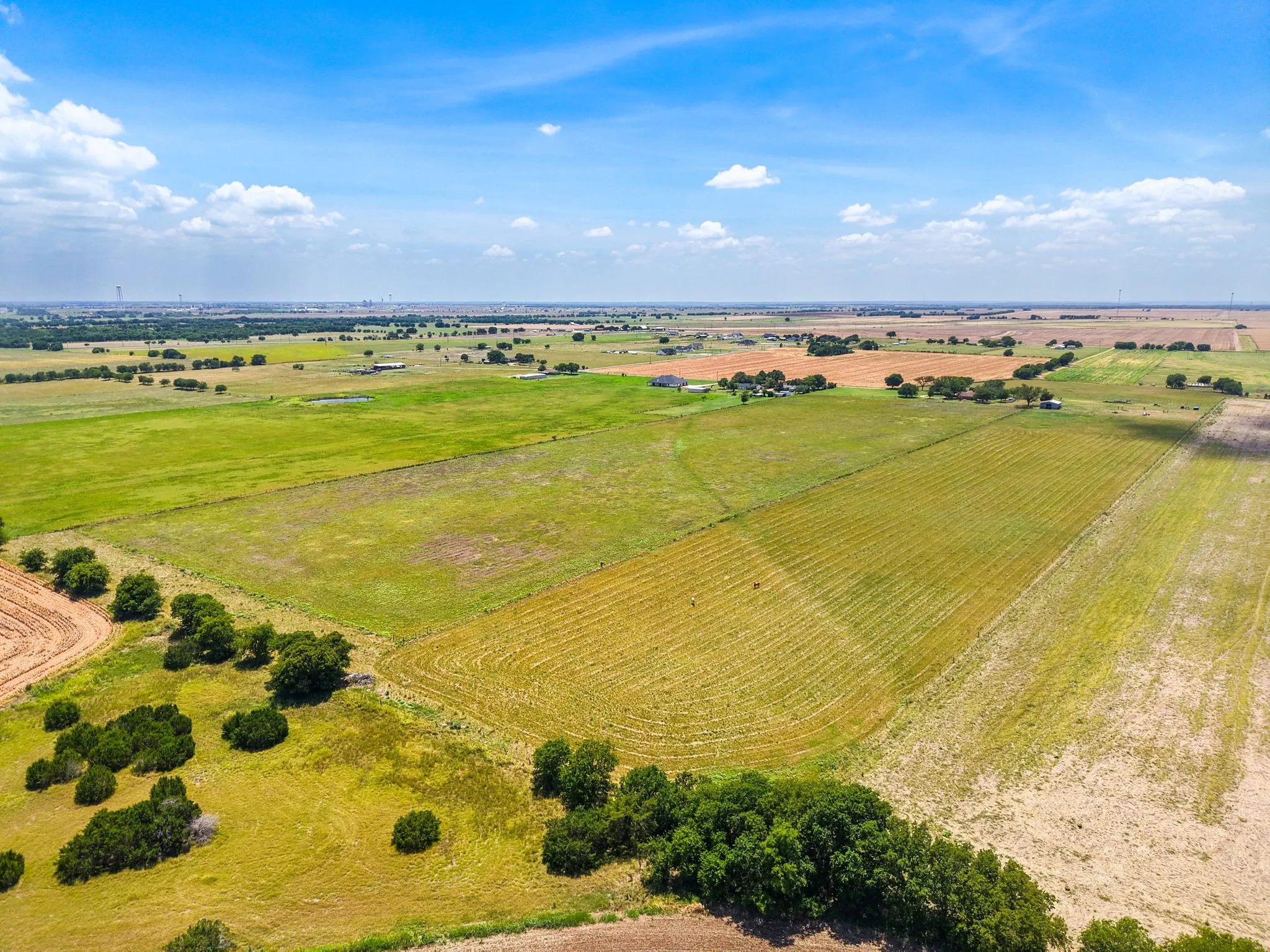 Expansive agricultural acreage featuring cultivated fields, green pastures, and scattered mature trees