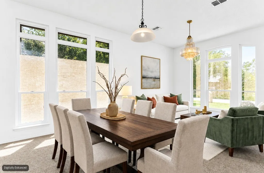 Bright dining area featuring a dark wood-finish table and a chandelier light fixture