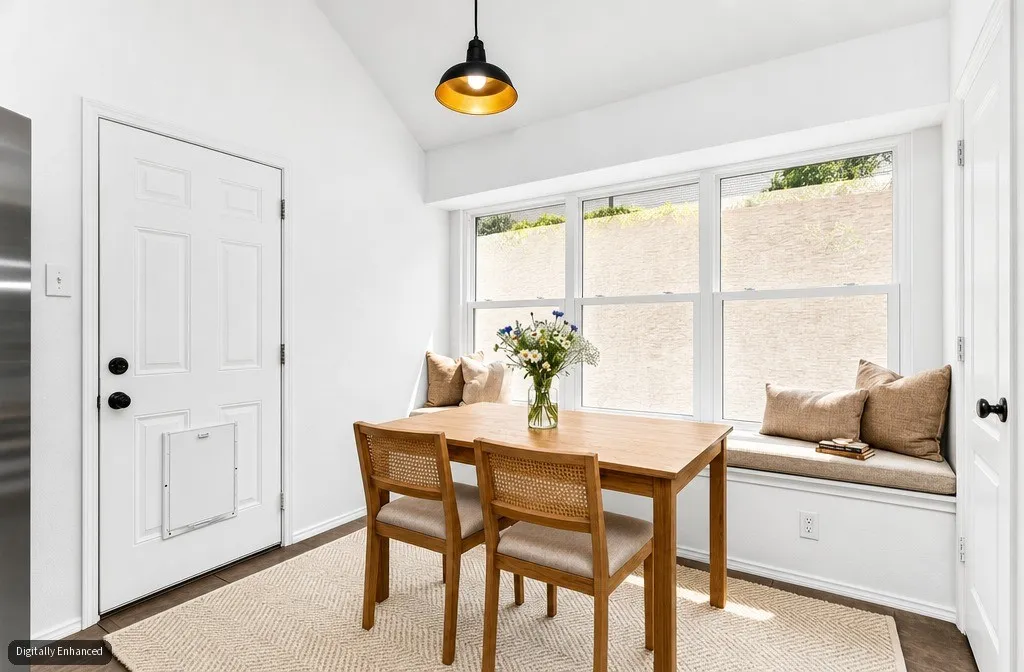 Vaulted ceiling with an attached pendant light, large window with a built-in window seat, and wood-finish flooring
