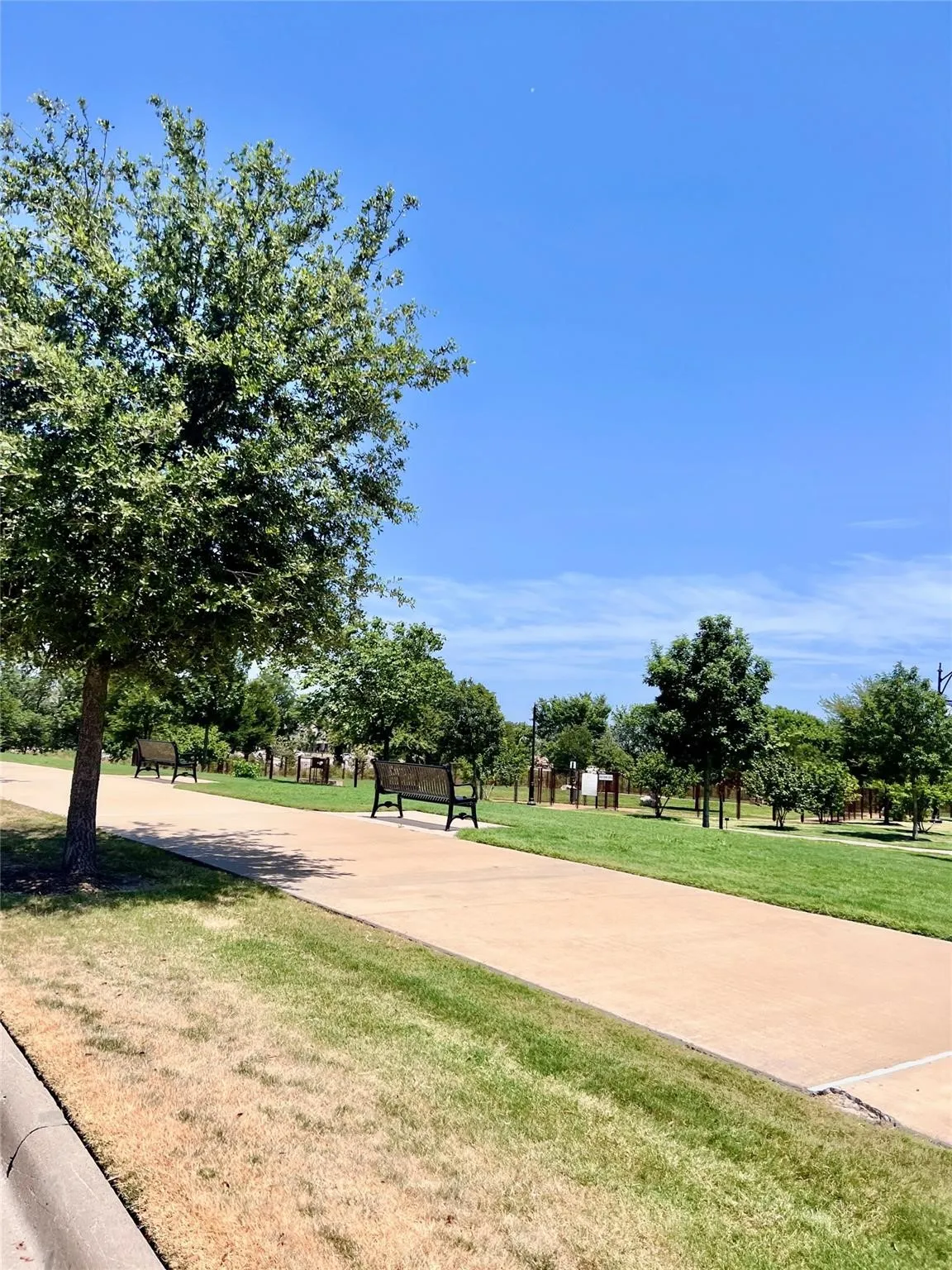 Paved pathway bordered by manicured green spaces and mature trees
